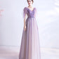 Purple v neck tulle long prom dress A line evening gown  10130