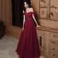 Burgundy lace beads long prom dress evening dress  10114