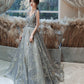 Gray tulle sequins long prom dress evening gown  10121