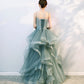 Green tulle lace long prom dress evening gown  10134