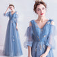 Blue v neck tulle long prom dress A line evening dress  10144