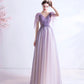 Purple v neck tulle long prom dress A line evening gown  10130