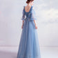 Blue v neck tulle long prom dress A line evening dress  10144