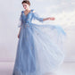 Blue v neck tulle long prom dress A line evening dress  10144