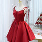 Burgundy satin lace-up short prom dress party dress  10098