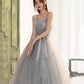 Gray tulle lace long prom dress A line evening gown  10131