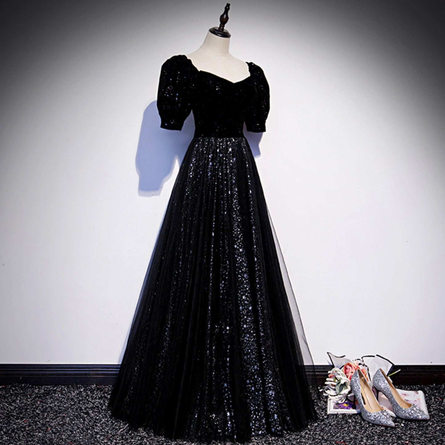Black tulle long prom dress A line evening gown  10105