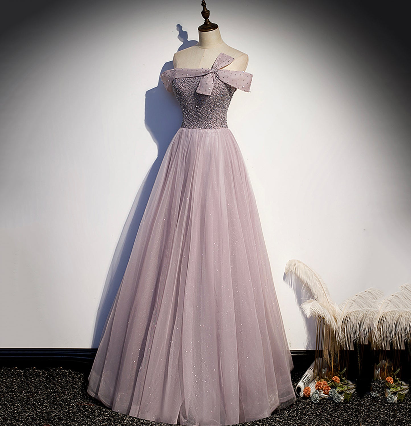 Cute tulle beads long A line prom dress evening gown  10038