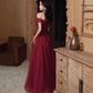 Burgundy lace beads long prom dress evening dress  10114
