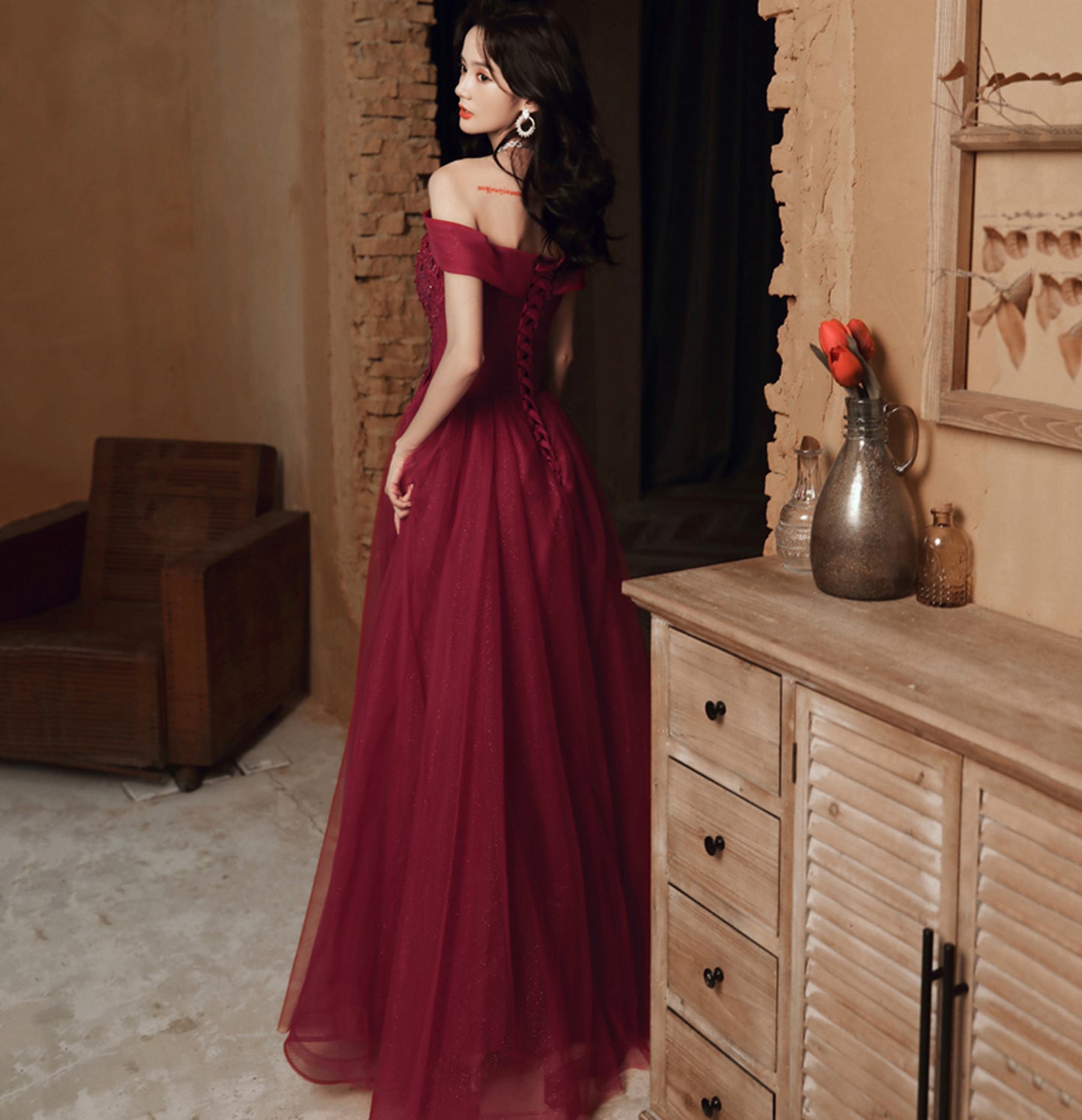 Burgundy lace beads long prom dress evening dress  10114