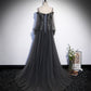 Gray tulle lace long prom dress A line evening dress  10109