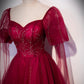 Burgundy tulle beads long prom dress evening gown  10005