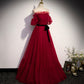 Burgundy tulle long prom dress A line evening gown  10009