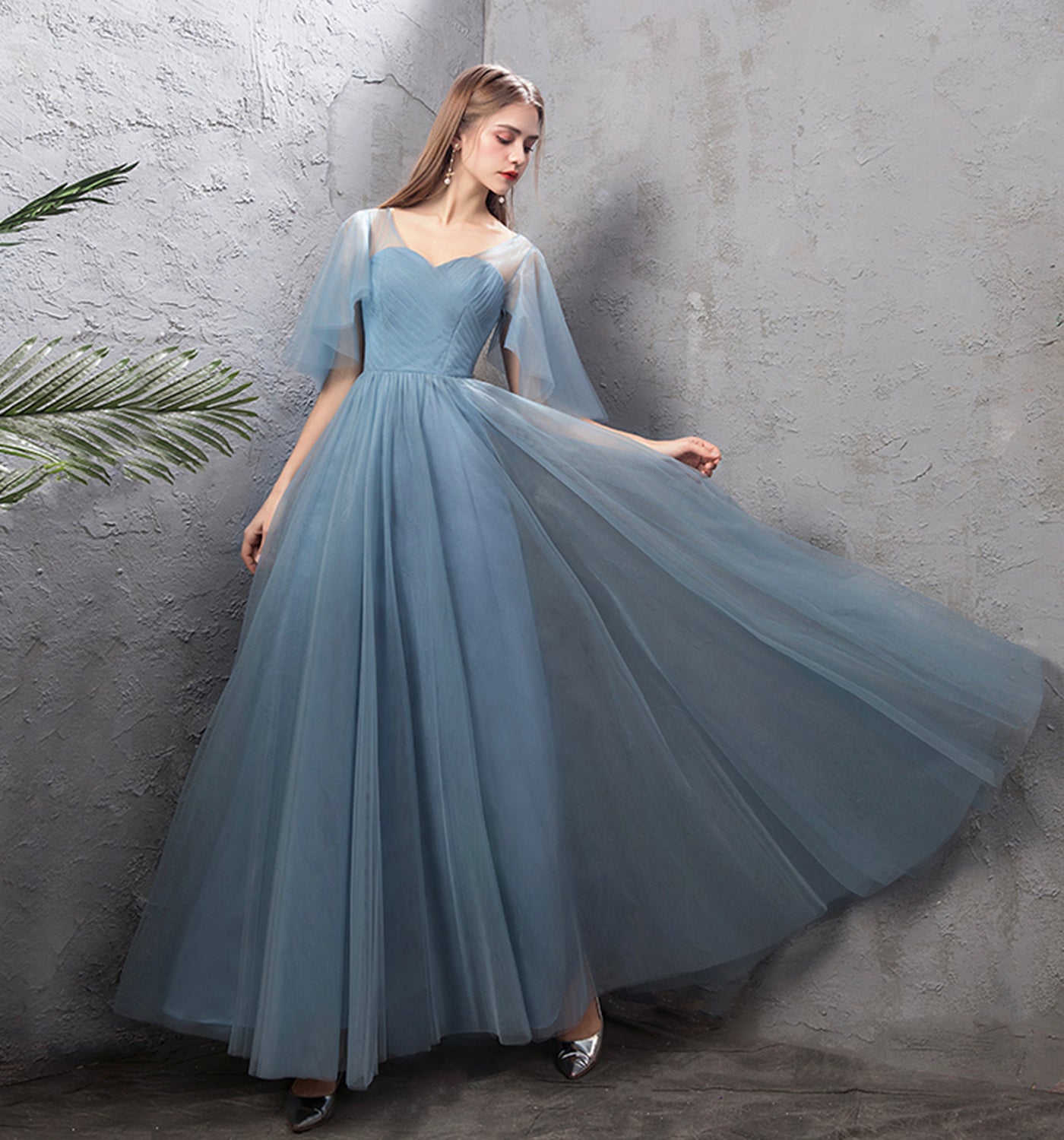 Blue tulle long prom dress A line evening dress  10024