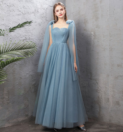 Blue tulle long prom dress A line evening dress  10024