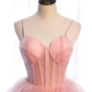 Pink tulle long prom dress A line evening gown  10012