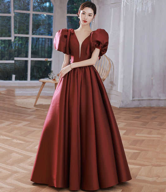 Burgundy v neck satin long prom gown A line formal gown  10212