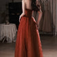 Burgundy satin tulle long prom dress A line evening dress  10649