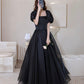 Black tulle long prom dress A line evening gown  10207