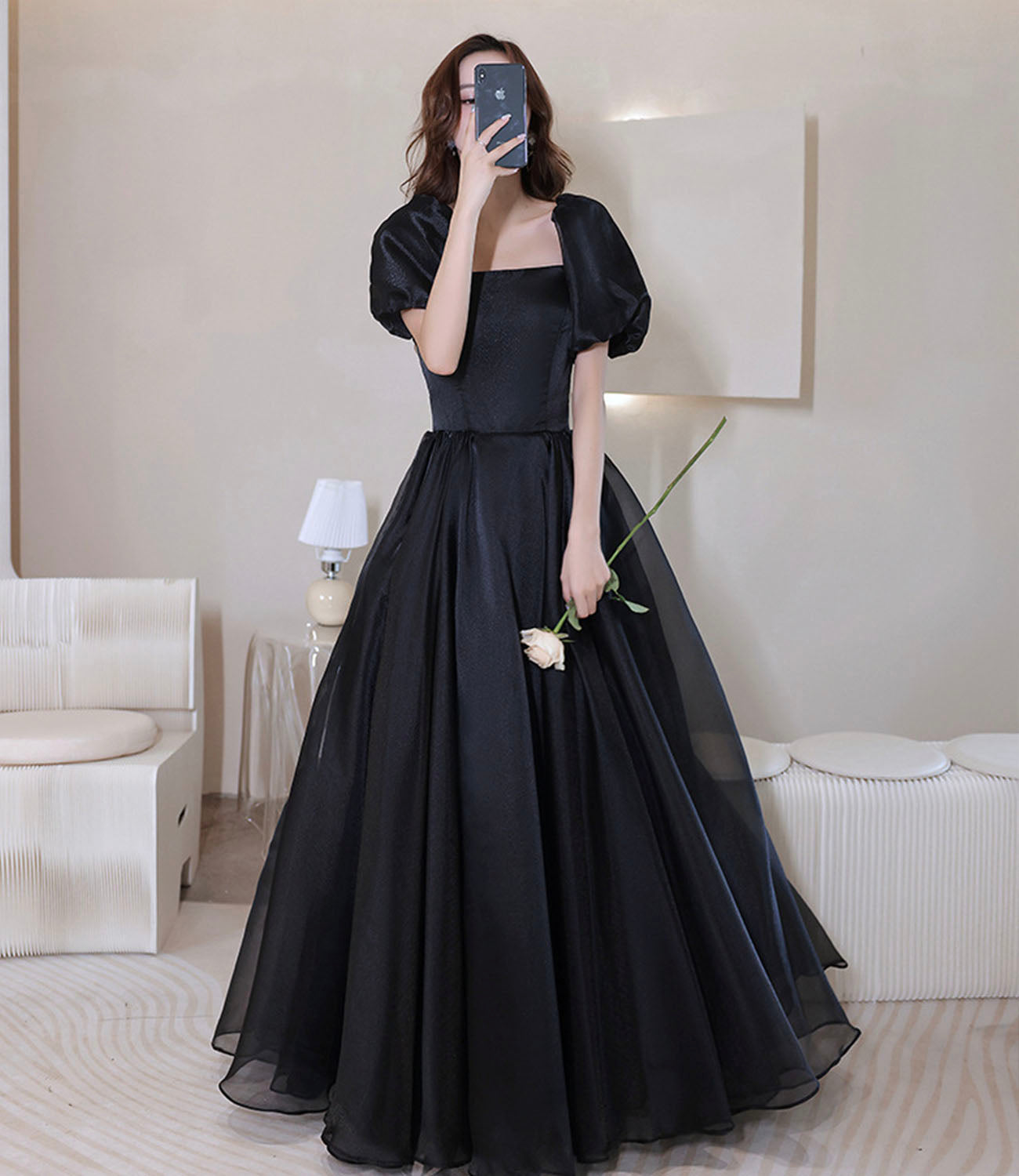 Black tulle long prom dress A line evening gown  10207