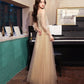 Champagne tulle lace long prom dress A line evening dress  10454
