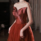 Burgundy satin tulle long prom dress A line evening dress  10649
