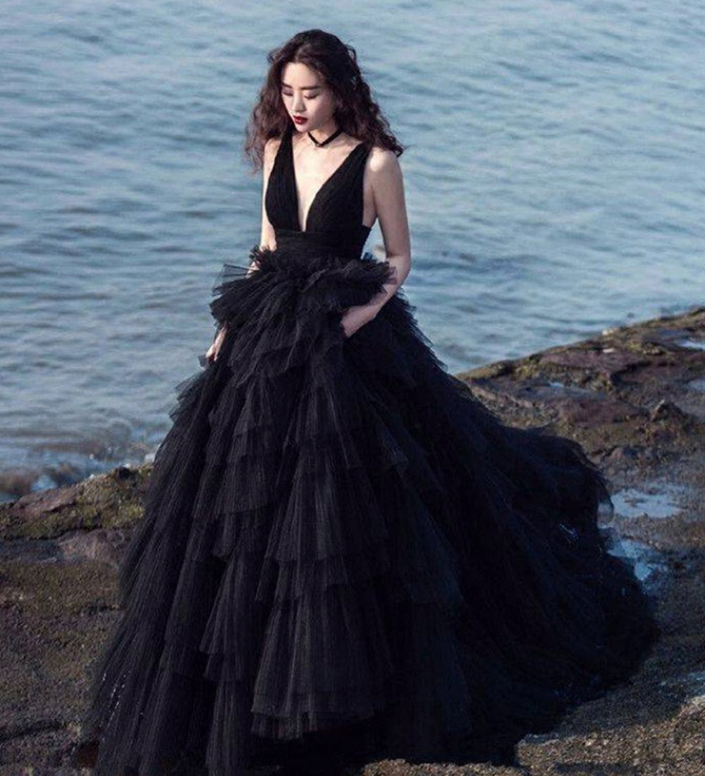 Black v neck tulle long prom dress evening dress  8515