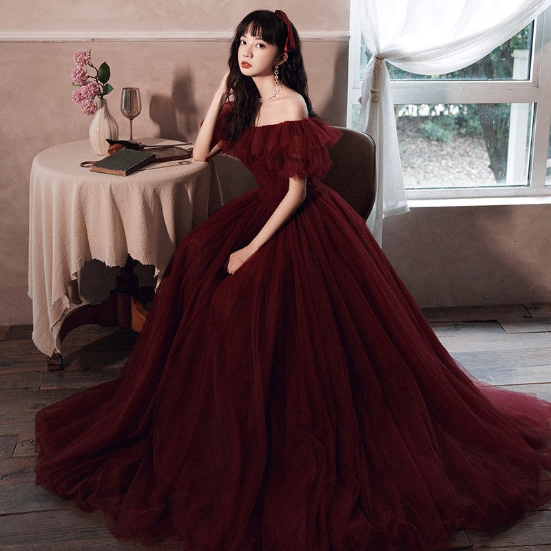 Burgundy tulle long prom gown formal dress  8435