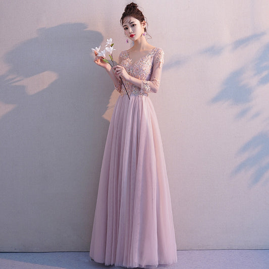 Rosa langärmliges Ballkleid aus Spitze Abendkleid 8374