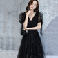 Black v neck tulle long prom dress A line evening dress  10318