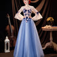 Blue tulle applique long prom dress blue evening dress  10534