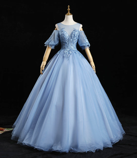 Blue tulle lace long prom dress A line evening dress  10457