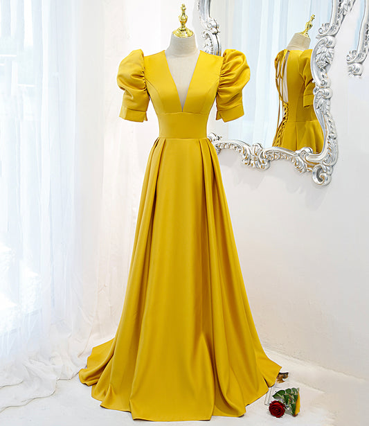 Yellow satin long A line prom dress evening dress  8847