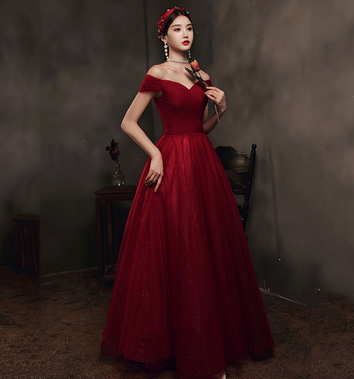 Burgundy tulle long A line prom dress evening dress  8679