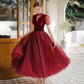 Burgundy tulle short prom dress A line evening dress  8647