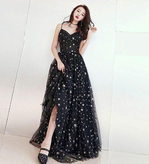 Black sweetheart neck tulle long prom dress, black evening dress  8089