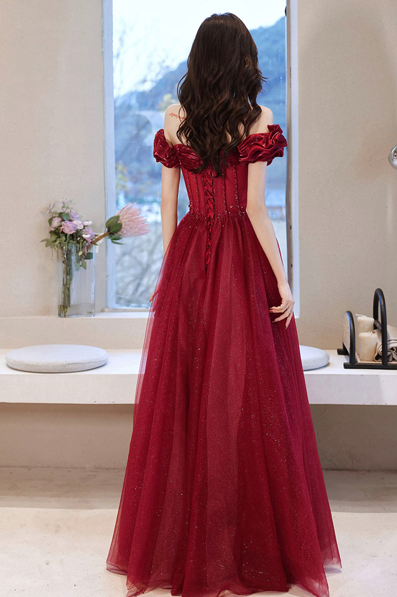 Burgundy tulle beads long prom dress evening dress  10584