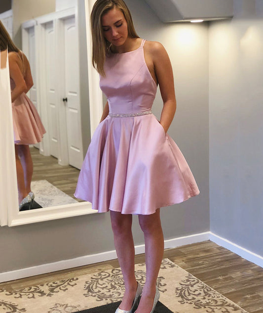 Kurzes Abschlussballkleid aus rosa Satin, niedliches Heimkehrkleid 8387