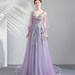 Purple tulle lace long prom dress A line evening dress  10552