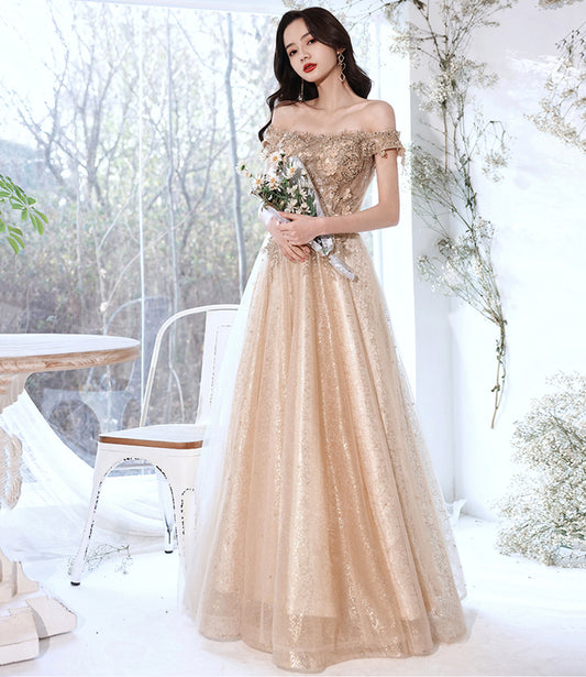 Champagner Tüll Spitze langes Ballkleid A-Linie Abendkleid 10381