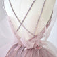 Pink tulle beads long prom dress A line evening dress  10643