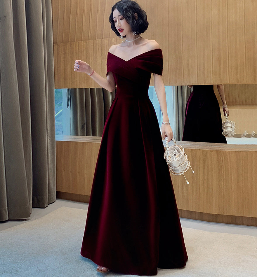 Burgundy Elegant Fashion Strapless Long Velvet Ball Gown Evening Dress 8482