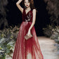 Burgundy velvet long prom dress A line evening gown  10495