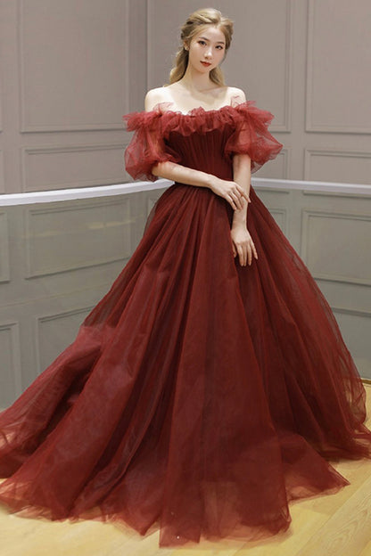 Burgundy tulle long prom dress A line evening dress  8579