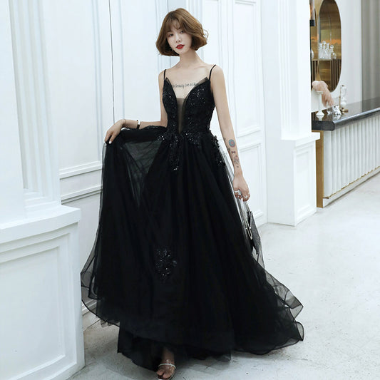 Black v neck tulle beads long prom dress evening dress  8213