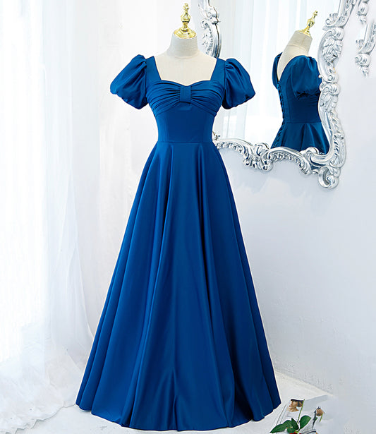 Blue satin long A line prom dress blue evening dress  8848