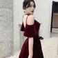 Burgundy velvet long prom dress A line evening gown  10370