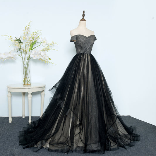 Black tulle long prom dress evening dress  8283