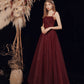 Burgundy tulle beads long prom dress evening dress  10418