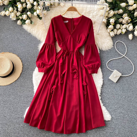 Cute V Neck Long Sleeve Dress A Line Fashion Dress  10850